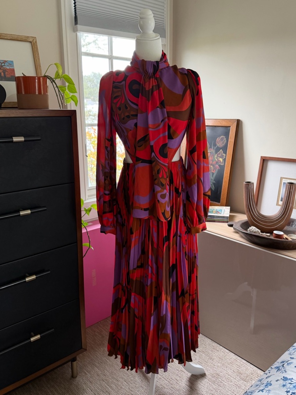 Ronny Kobo Abstract Print Long Sleeve Pleated Maxi Dress - Red & Purple